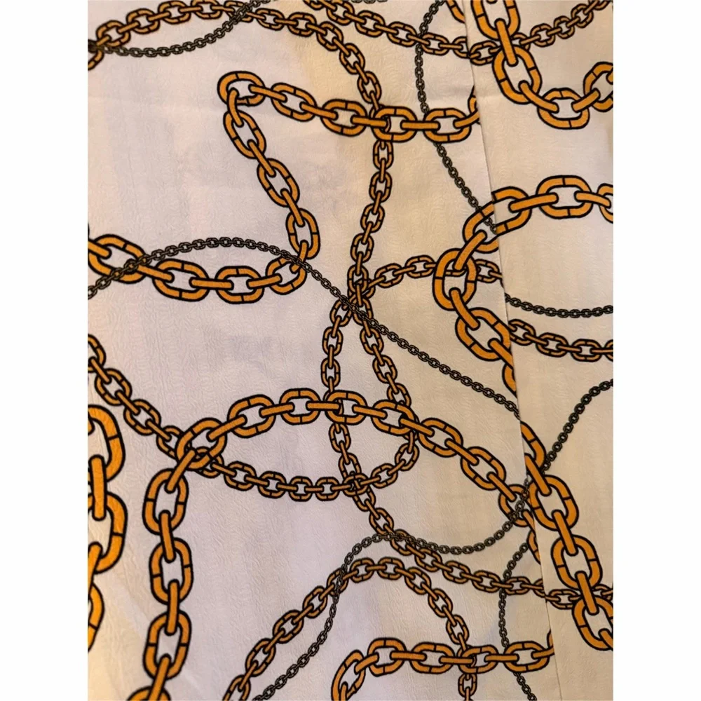 Luxe White with Gold Chain Link Print Henley Style Woven Pocket Blouse - Picture 4 of 4